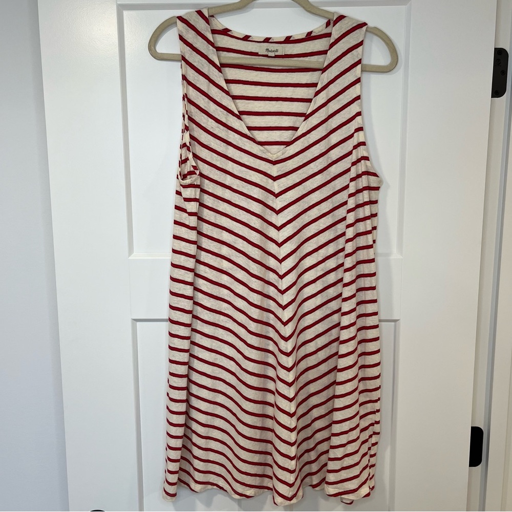 Madewell XL Oatmeal and Red Striped Casual Sleeveless Linen Cotton Blend Dress